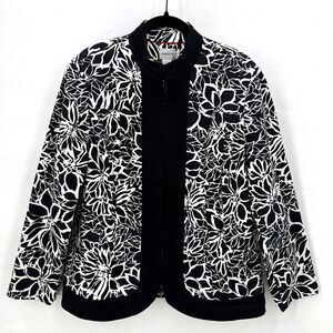 Chico's Jacket Women 3 Black White Floral Cotton Blend Open Front Art to Wear